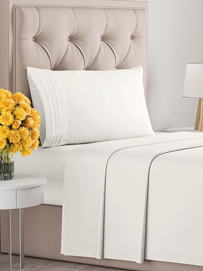 Twin XL Size 3 Piece Sheet Set - Extra Soft, Breathable And Cooling Sheets - Hotel Luxury Bed Sheets for Women & Men - Deep Pockets, Easy-Fit & Wrinkle-Free Sheets - Antique White Oeko-Tex Bed Sheets