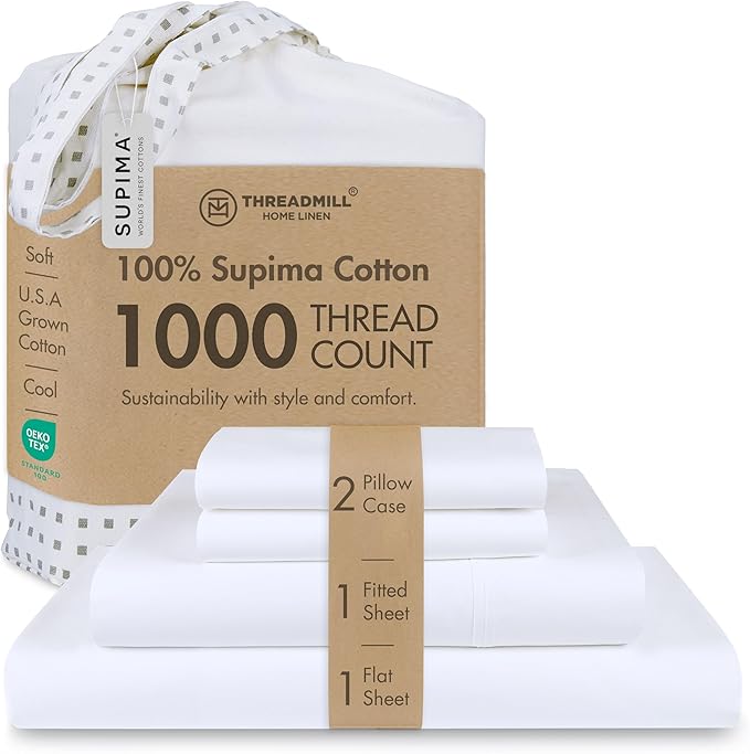 Threadmill Luxury Supima Cotton Sheets, Luxury 1000 Thread Count 100% Soft 100% Soft Cotton Sheets for Full Size Bed, 4 Pc White Bed Sheets Full Set, 5-Star Hotel Quality Deep Pocket Bed Sheets Set