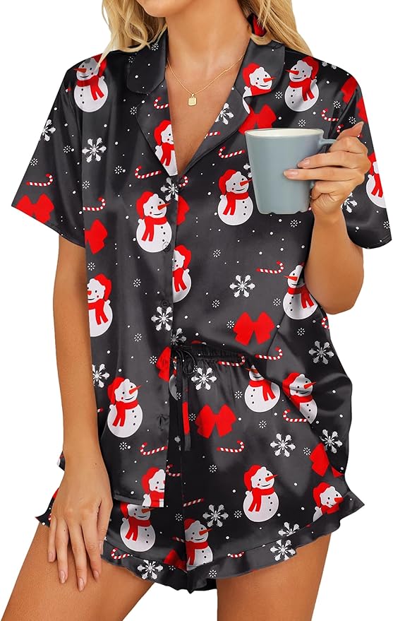 HOTOUCH Womens Satin Pajamas Set Button Down 2 Piece Silk Pjs Shorts Set Ruffle Lingerie Notch Collar Sleepwear