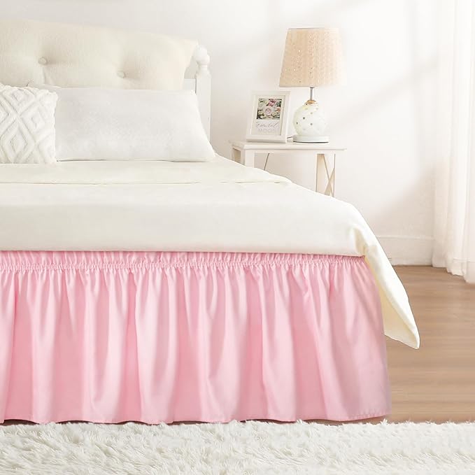 RIMELA Pink Bed Skirt Queen Size 18 Inch Drop, Elastic Bed Skirting for Bed Base and Frame, Bedding Dust Ruffle Easy to Install, Lightweight Wrap Around Adjustable Bedskirt