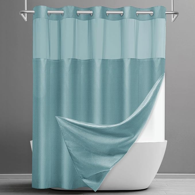 No Hook Shower Curtain with Snap in Liner Set Waffle Shower Curtain for Bathroom Hotel Style Fabric Waterproof Inner Liner，71" W x 74" H, Teal
