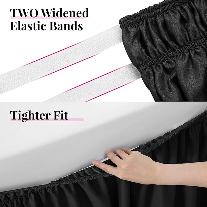 RIMELA Bed Skirting Queen Size Black Bed Skirt 12 Inch Drop, Wrap Around Elastic Adjustable Bedskirt, Dust Ruffle for Bed Frame & Box Spring Soft Durable Fabric Machine Washable Easy to Install