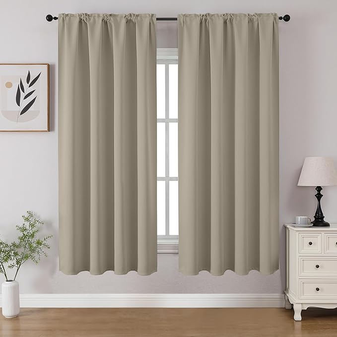 CUCRAF Light Beige Blackout Curtains 54 inch Length 2 Panels Set, Rod Pocket Room Darkening Drapes for Bedroom Living Room, Insulated Thermal Light Blocking Window Curtain (W52 x L54 Inch)