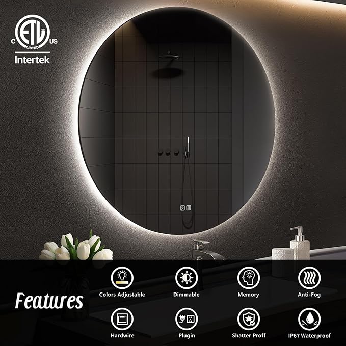 APRILSOUL 24 Inch Round LED Backlit Bathroom Mirror, Vanity Mirror with Anti-Fog, Touch Button, 3 Colors and Dimmable Light