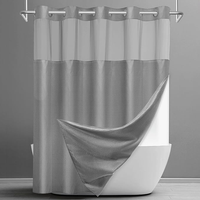 No Hook Shower Curtain with Snap in Liner Set Waffle Shower Curtain for Bathroom Hotel Style Fabric Waterproof Inner Liner，71" W x 74" H, Grey