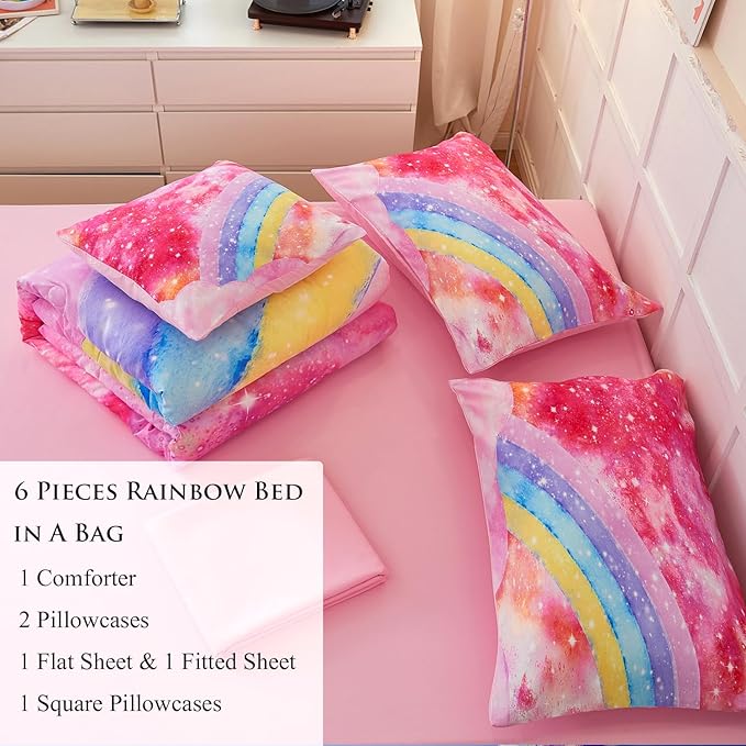 ANGIYUIN 6 Pieces Pink Tie Dye Full Size Bedding Sets for Girls/Teens/Kids, Colorful Rainbow Girls Comforter Set, Sparkle Galaxy Glitter Bedding Comforter Set for All Season