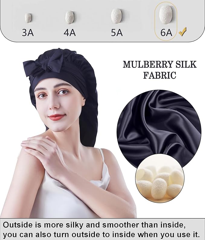 Cocheng Mulberry Silk Bonnet for Sleeping Long Silk Bonnet for Curly Hair Braids Cap for Women Silk Cap with Tie Band