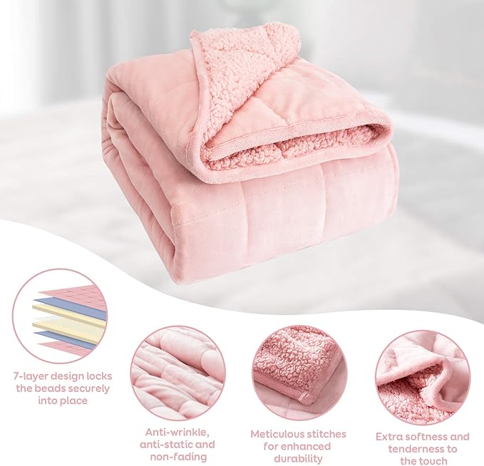 Sherpa Fleece Weighted Blanket 20lbs for Adults, Fluffy Cozy Plush Blanket 20 pounds, Queen Size Weighted Blankets 60”x80”, Warm and Cozy Hug Blanket for Queen/King Size Bed, Blush Pink