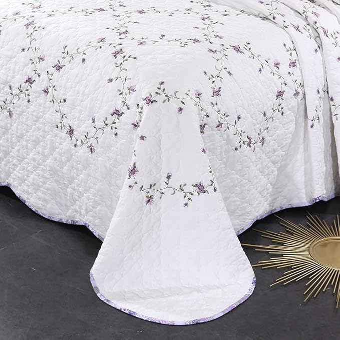 vctops 3-Piece Elegant Floral Embroidered Bedspread Coverlet Set King Size 100% Cotton Reversible Patchwork 1 Quilt and 2 Pillow Shams (Purple,King)