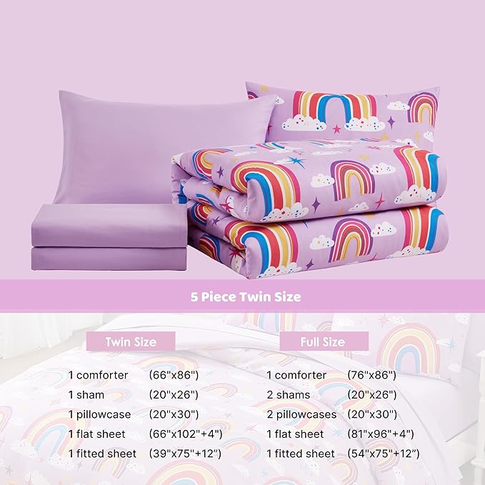 Twin Comforter Set for Girls-5 Pieces Purple Rainbow Glow in The Dark Twin Bedding Sets for Kids, Ultra Soft Bed in A Bag with Sheets