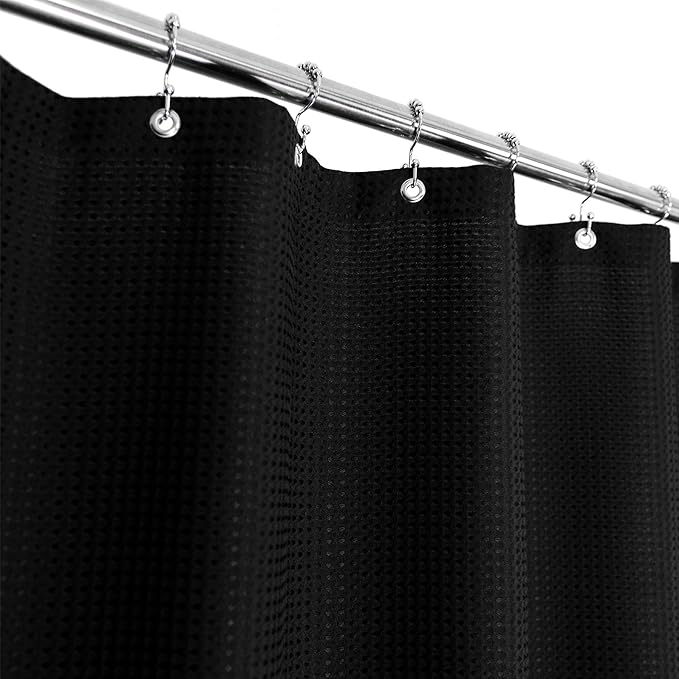 Barossa Design Extra-Long Waffle Weave Shower Curtain 71" W x 96" H - Hotel Luxury Spa, 230 GSM Heavy Weighted Fabric, Water Repellent, Black, 71x96