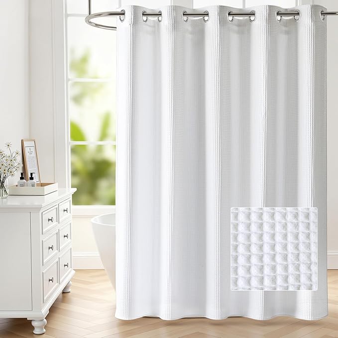 River Dream Waffle No Hooks Shower Curtain with Snap in Liner,Cotton Blend Fabric Shower Curtain for Bathroom,Hotel Quality,White,71 Wx 74 L