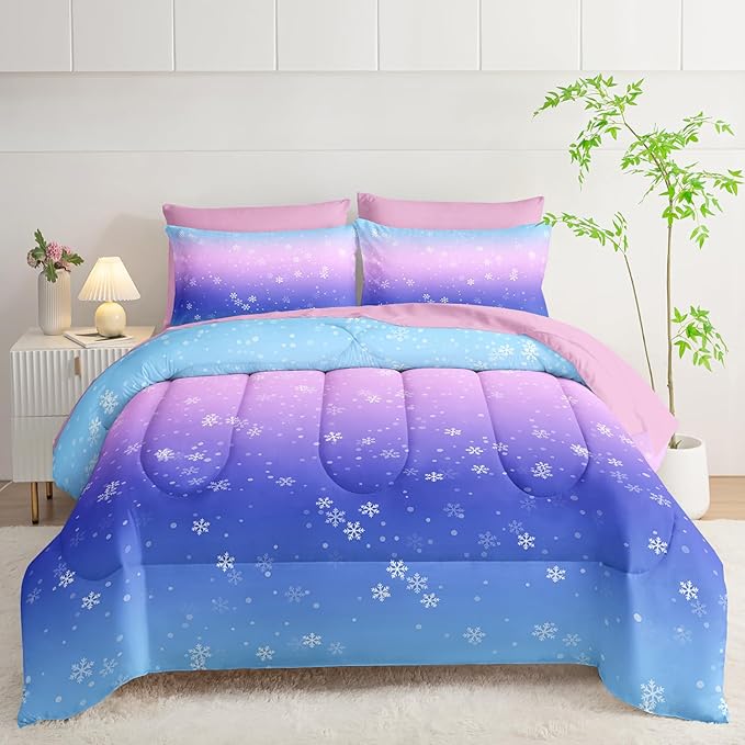 7 Piece Bed in a Bag Twin Size Comforter, Blue Purple Snowflake Quilt Set, Soft Pink Sheets, All Season Bedding Set, Microfiber