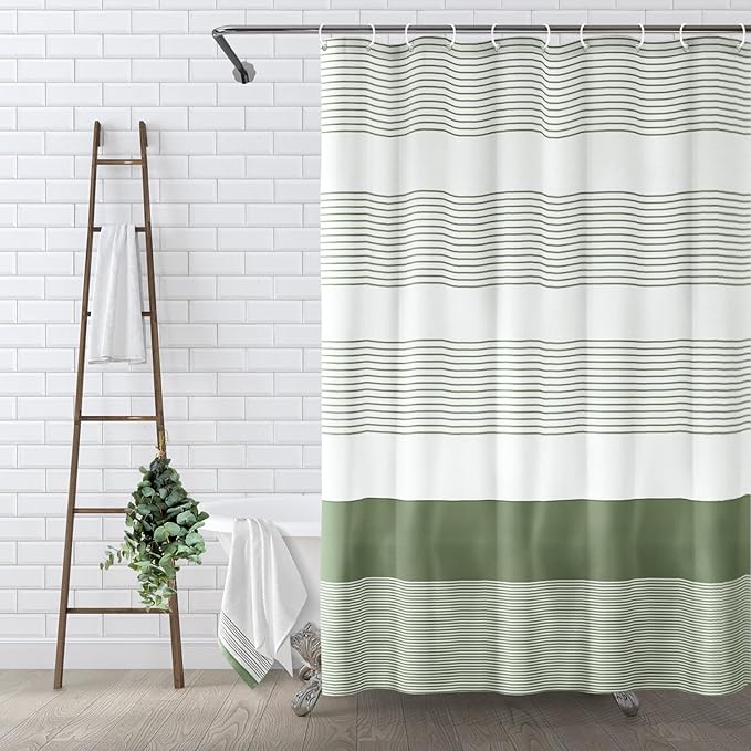 Awellife Sage Green Shower Curtain for Bathroom Boho Stripe Shower Curtain 72 X 72 Inches Farmhouse Cotton