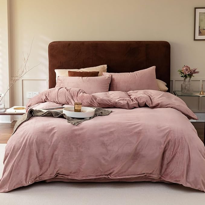 Cottonight Pink Velvet Comforter Set King Dusty Pink Flannel Bedding Comforter Set Winter Warm Blush Pink Heavyweight Warm Blanket Quilts Modern Winter Warm 3 Piece Velvet Comforter Set for King Bed
