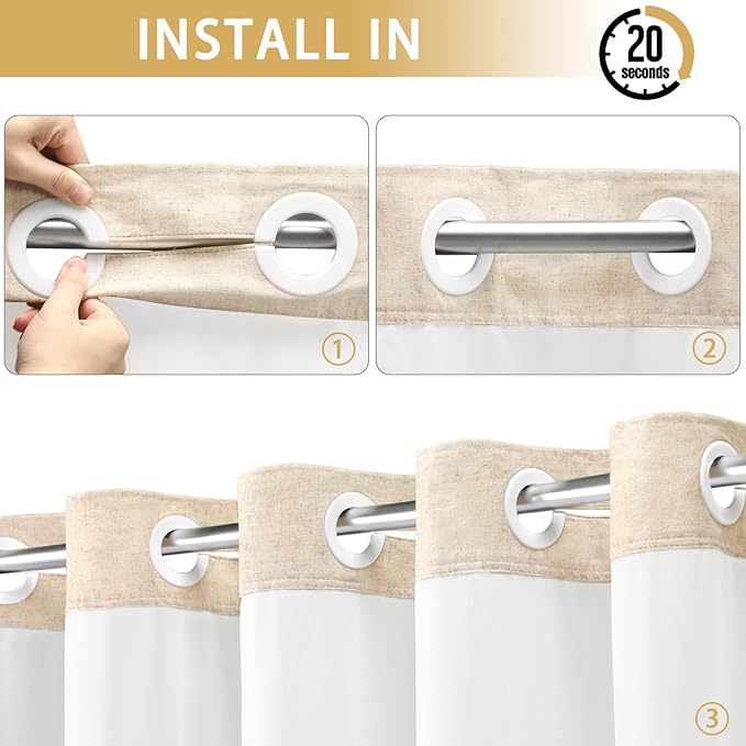 YellyHommy No Hook Linen Shower Curtain with Snap in Liner Set Less Time, Hotel Beige Shower Curtain for Bathroom Fabric with Mesh Top Window, Extra Long 87" L x 72" W