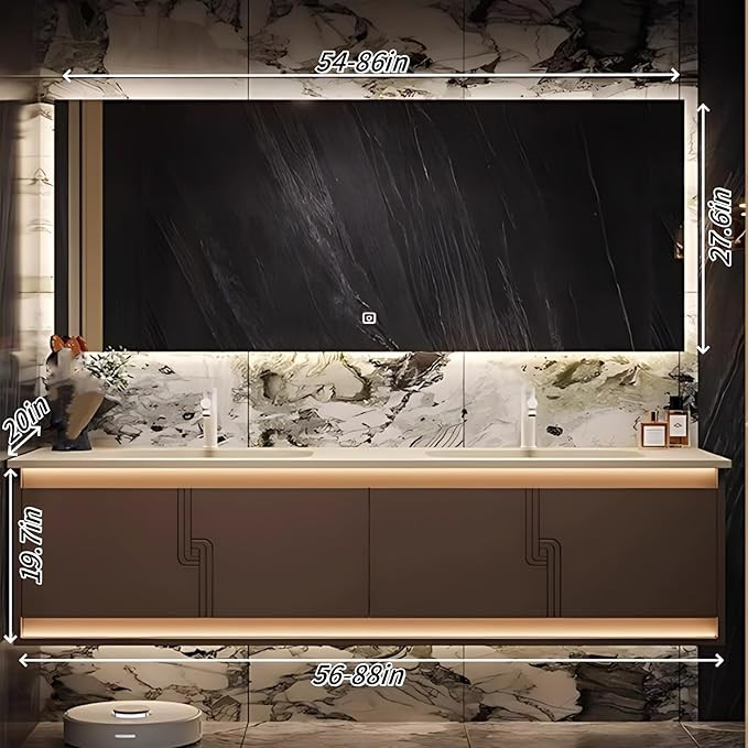64IN Bathroom Vanity Set with Sink, Smart Defogging Vanity Mirror with 2 Light Strips | with Motion Sensing Light Strips, Bathroom Double Vanities with Sink Includes 2 Drawers (Mirror)