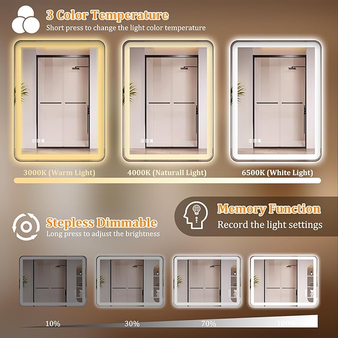 24"x32" LED Bathroom Mirror with Lights, Front and Backlit, Stepless Dimmable, Lighted Mirror for Bathroom Wall, 3 Colors Dimmable Vanity Mirror with Lights, Anti-Fog, Shatter-Proof Glass(Round)