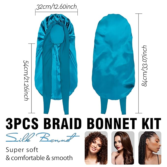 3Pcs Bonnets for Black Women Braid Bonnet, Large Long Satin Bonnet for Braids Sleeping, Black Women Satin Silk Bonnet (3Pcs-Black&Blue&Flower)