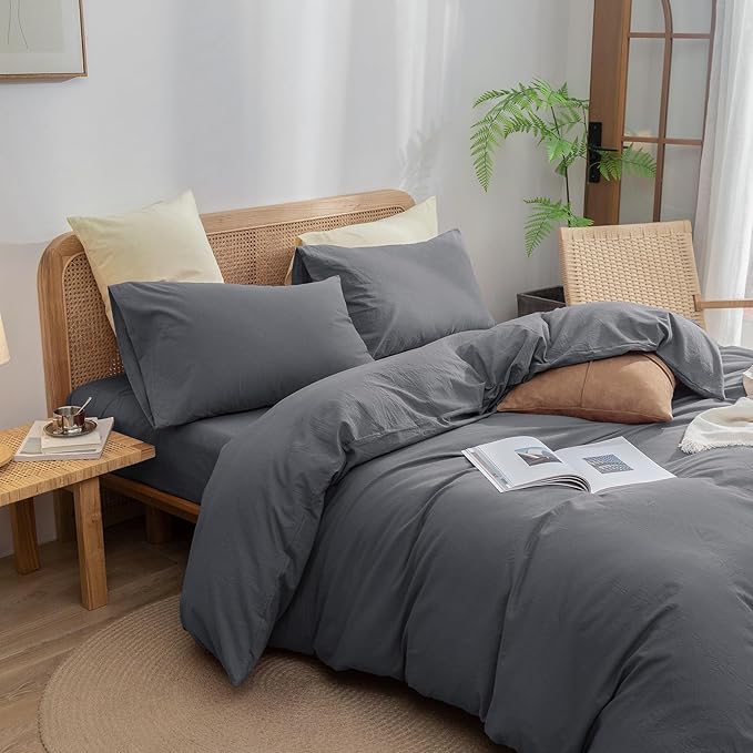 BESTOUCH Duvet Cover Set 100% Washed Cotton Linen Feel Super Soft Comfortable Chic Lightweight 3 PCs Home Bedding Set Solid Quiet Shade Grey Super King