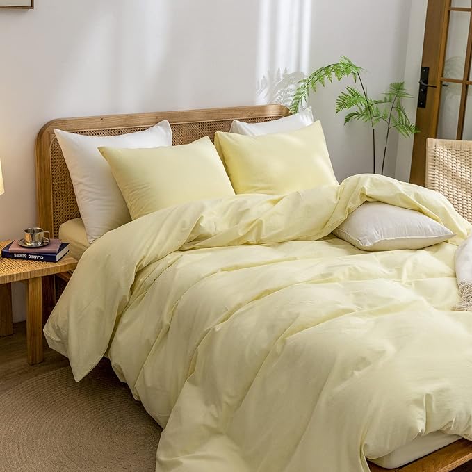 BESTOUCH Duvet Cover Set 100% Washed Cotton Linen Feel Super Soft Comfortable Chic Lightweight 3 PCs Home Bedding Set Solid Light Yellow Queen