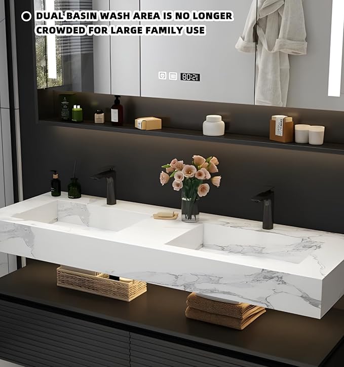 Double Sink Bathroom Vanity, Floating Bathroom Vanity with LED Smart Defogging Mirror and One-Piece Sink, Modern Bathroom Vanities with Open Floating Shelf, Rock Countertop & Faucet (Grey,64")