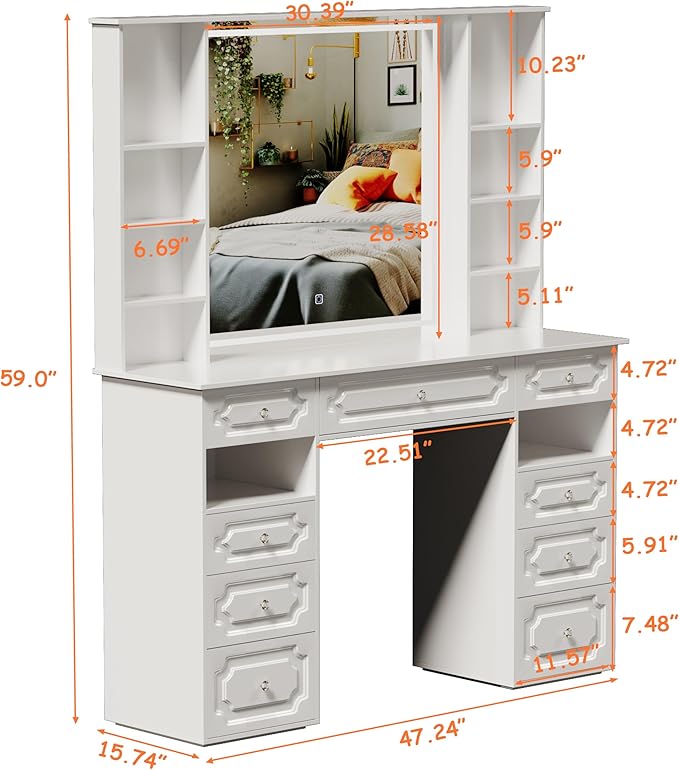 Makeup Vanity with Lighted Mirror, 47" Large Vanity Desk with 9 Drawers & 10 Open Storage Shelves, Brightness Adjustable, Dressing Table for Bedroom, Women Girl (White, B Panel)