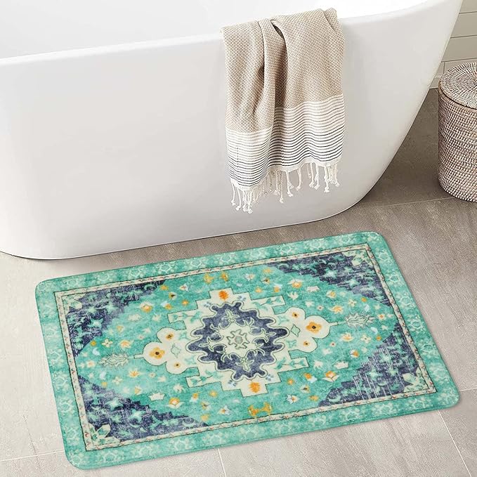 Uphome Boho Vintage Bathroom Rug Green Non-Slip Soft Bath Rug Machine Washable Oriental Bathroom Mat Traditional Farmhouse Floral Floor Mats for Bathtub Shower Entryway, 20x31 inch