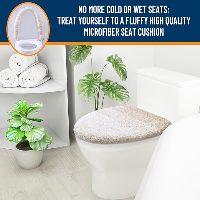 OLANLY Soft Microfiber Bathroom Toilet Lid Cover, Machine Washable Covers, 17.5x15, Stays in Place Rubber Backing, Fits Most Round, Elongated and Oblong Lids, Accessories Decor, Light Beige