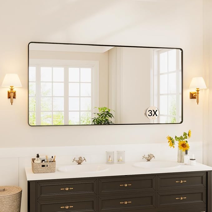 72X36 Inch Black Metal Framed Bathroom Mirror for Wall, Rounded Rectangle Vanity Mirror, Environmentally Friendly, Anti-Rust