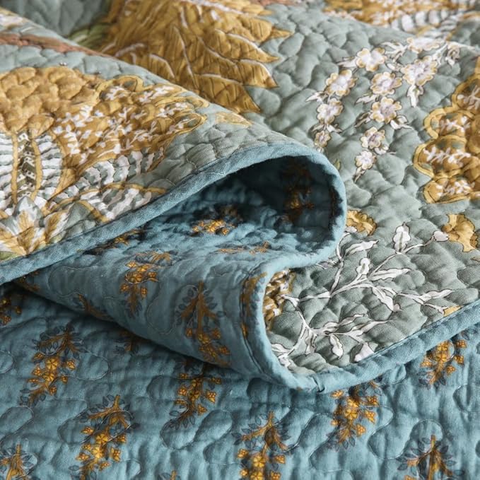 ENASAL Cotton Bedspread Quilt Sets Reversible Bedding Coverlet Sets Comforter, Vintage Floral Farmhouse Pastoral Turquoise Bedspread, Queen Size