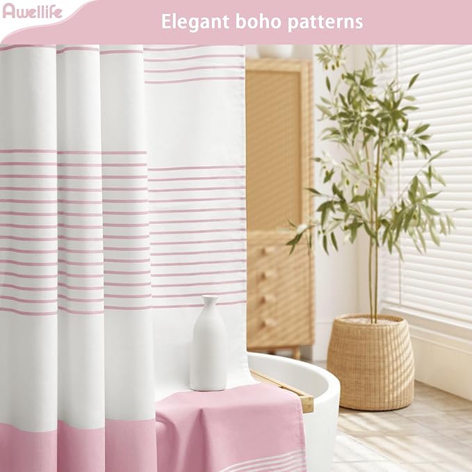 Awellife Boho Pink Shower Curtain for Bathroom Stripe Tassel Shower Curtain 72 X 72 Inches Farmhouse Cotton Girls Coral