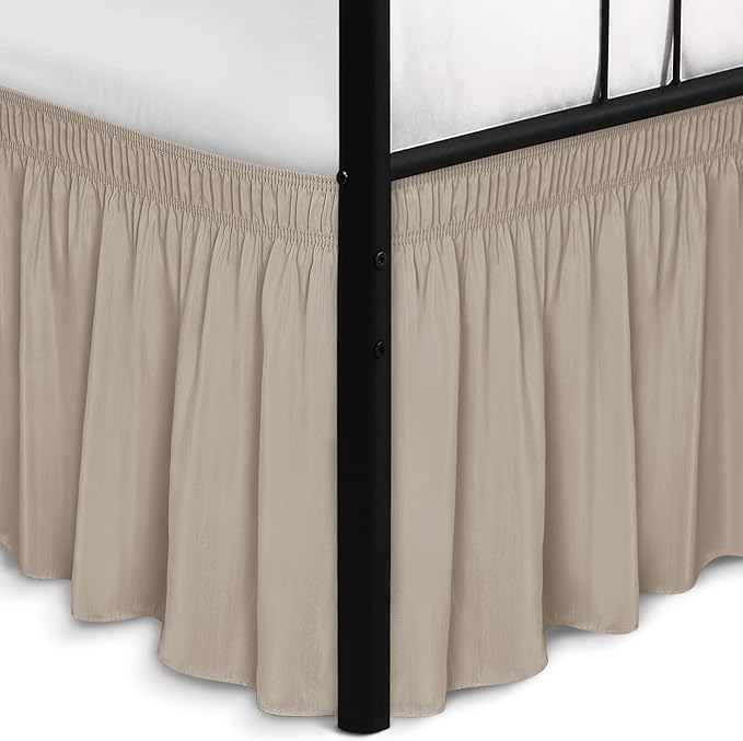 Biscaynebay Wrap Around Bed Skirts with Split Corners for Full Beds 15" Drop, Light Camel Adjustable Elastic Dust Ruffles Easy Fit Wrinkle Resistant Silky Luxurious Fabric Machine Washable