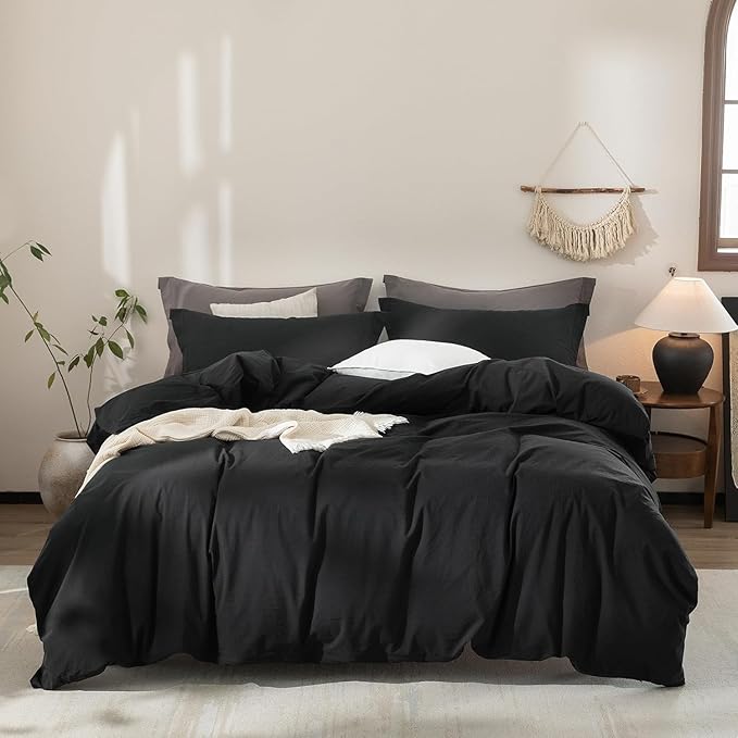 Black Duvet Cover Twin Size 100% Washed Cotton Bedding Set Cover One Duvet Cover with Zipper Closure and One Pillowcases, 90inch x 68inch