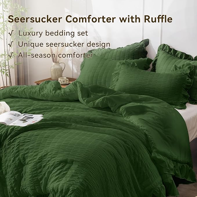 JOLLYVOGUE Dark Green Queen Comforter Set, 3 Pieces Seersucker Comforters Queen Size, Lightweight & Fluffy Bedding Sets Queen for All Season with 1 Ruffle Comforter and 2 Ruffle Pillowshams