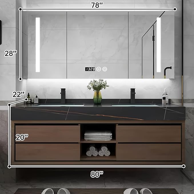80IN Double Sink Bathroom Vanity, Floating Modern Bathroom Vanity Include Smart Defog Mirror Cabinet with LED Light, Solid Wood Vanities with Integrated Sink and Drawers Storage