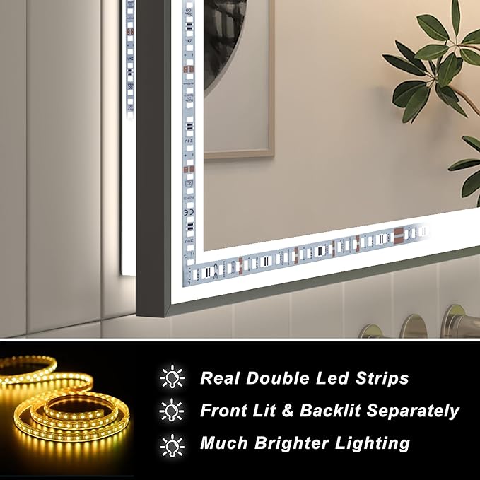 SMIROR 55x40 Led Bathroom Mirrors with Black Trim, Lighted Vanity Mirror for Wall, 3 Colors, Dimmable, Anti-Fog, Memory, Shatterproof, ETL Listed (Front Lit and Backlit Separated Control)
