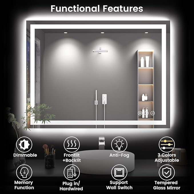 48X40 LED Bathroom Mirror with Lights, Anti-Fog, Backlit + Front Lit (CRI>90), Lighted Bathroom Vanity Mirror for Wall, Memory Function, Dimmable, Tempered Glass, Shatter-Proof, ETL Listed