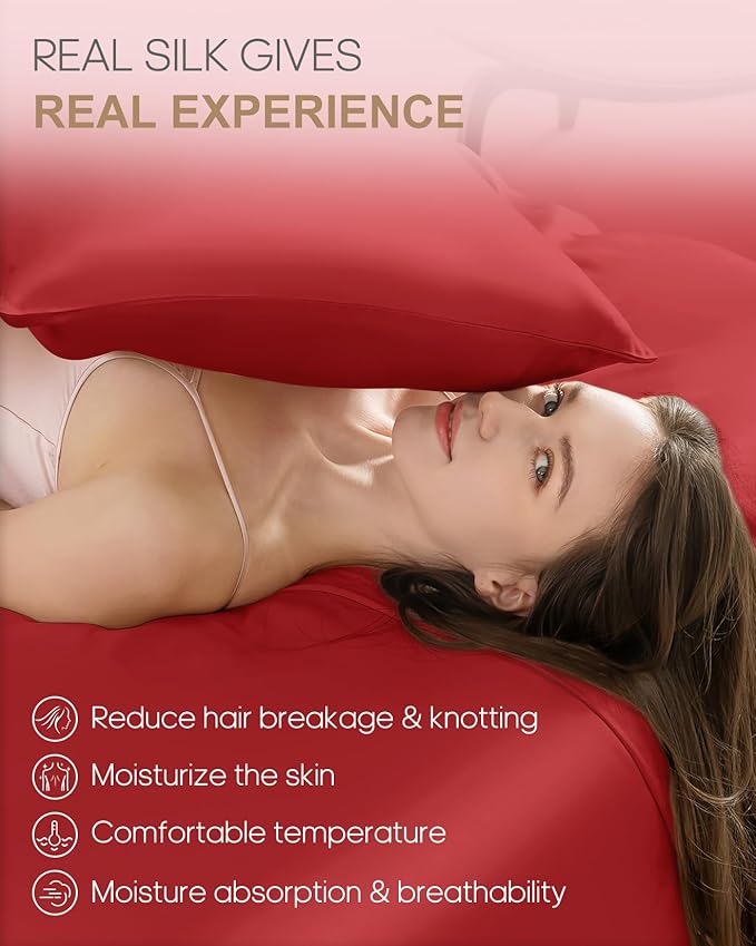 THXSILK Set of 2 100% Pure Mulberry Silk Pillowcases for Hair and Skin, 22 Momme Zipper Silk Pillow Case Standard Size, Real Silk Pillowcases with Zipper, Anti Aging Acne Free (Red, Queen 20"x30")