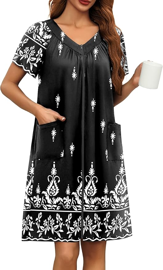 Ekouaer Women Robe Zipper Front Mumu Duster Robes Zip Up Housecoat Soft Sleepwear with Pockets S-3XL