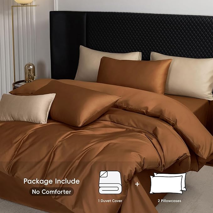 MooMee Duvet Cover Set 100% Extra Long Staple Cotton 600 Thread Count Silky Sateen Smooth Luxury Soft Breathable Durable Hotel Quality Bedding, 3 Pieces (Dark Orange, Queen 90"x90")