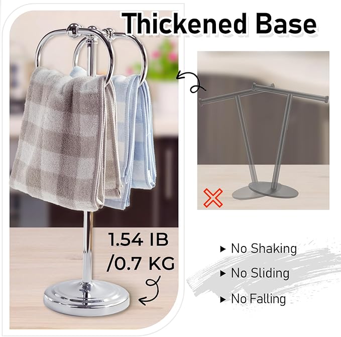 17 Inch Stainless Steel Hand Towel Holder Double Stand Hand Towel Ring for Washcloths or dishcloths Non-Slip Base Free Standing Towel Rack for Bathroom Kitchen (Chrome)