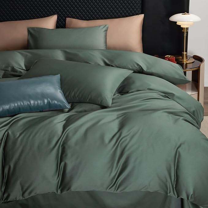MooMee Queen Duvet Cover Set, 100% Extra Long Staple Cotton 600 Thread Count Sateen Silky Soft Breathable Durable Luxury Hotel Quality Bedding Set, 3 Pieces (Dark Green, Queen 90"x90")