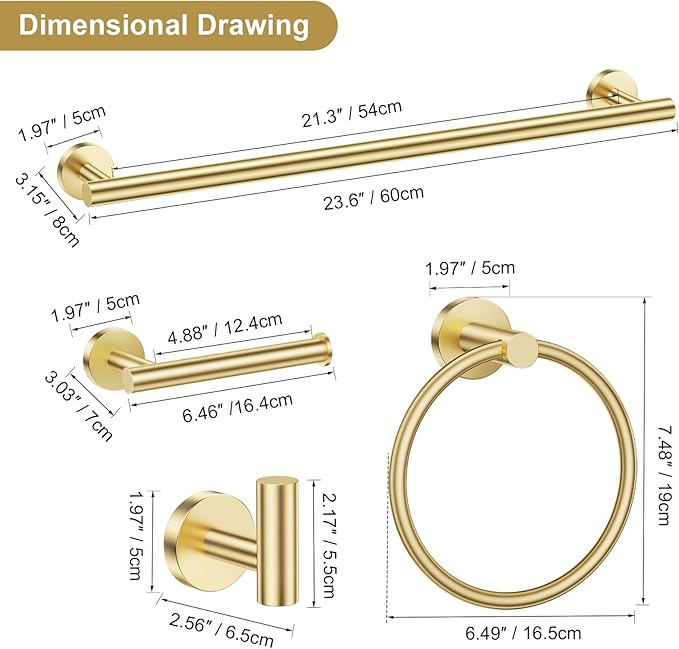 Lairuier 5 Pieces Brushed Gold Bathroom Accessories Set, 23.6 Inch Bath Towel Bar Set, SUS304 Stainless Steel Bathroom Hardware Set Round Toilet Paper Holder Set Wall Mounted