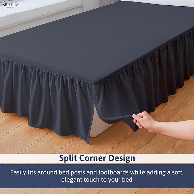 KRISHNA Ruffled Bed Skirt with Split Corners Twin, 100% Microfiber Hotel Quality, 18 Inch Drop Dust Ruffle Gathered Bedskirt with Platform, 39" x 75", Dark Grey