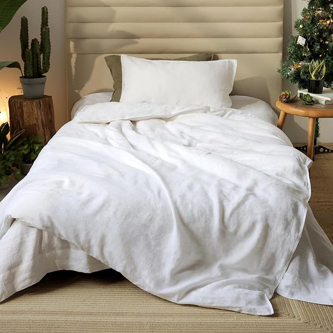XZ XIFA White Linen Duvet Cover Twin, 100% Washed French Flax Linen Bedding Set with Zipper Closure, Cooling & Textured Bed Sets for Hot Sleepers(1 Duvet Cover, 1 Pillowcases)