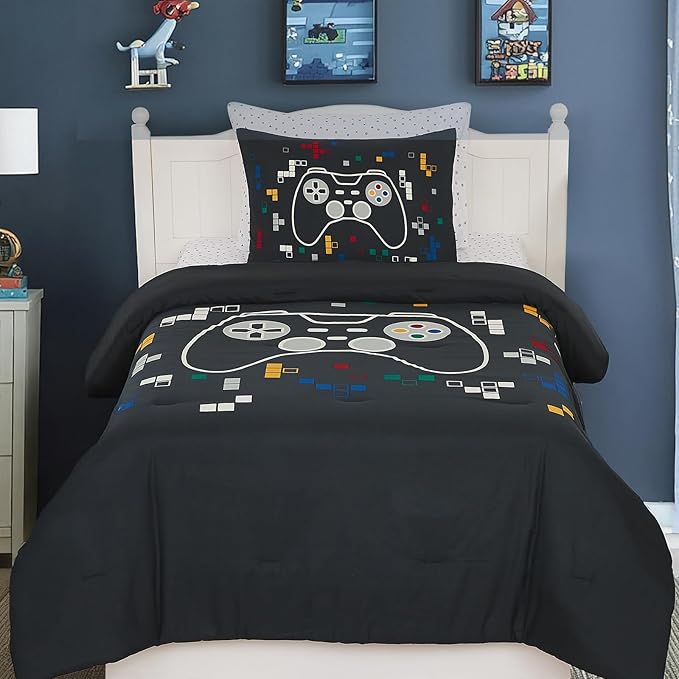 Twin Comforter Set for Boys-5 Pieces Gamer Glow in The Dark Twin Bedding Sets for Kids, Ultra Soft Bed in A Bag with Sheets