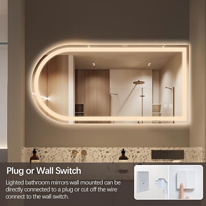 Niccy Arched LED Mirror for Bathroom, 48x24 Vanity Mirror with Light Frameless Bathroom Mirror, Smart Lighted Frontlit Mirrors with Memory Function for Bathroom Bedroom Beauty Hair Salon