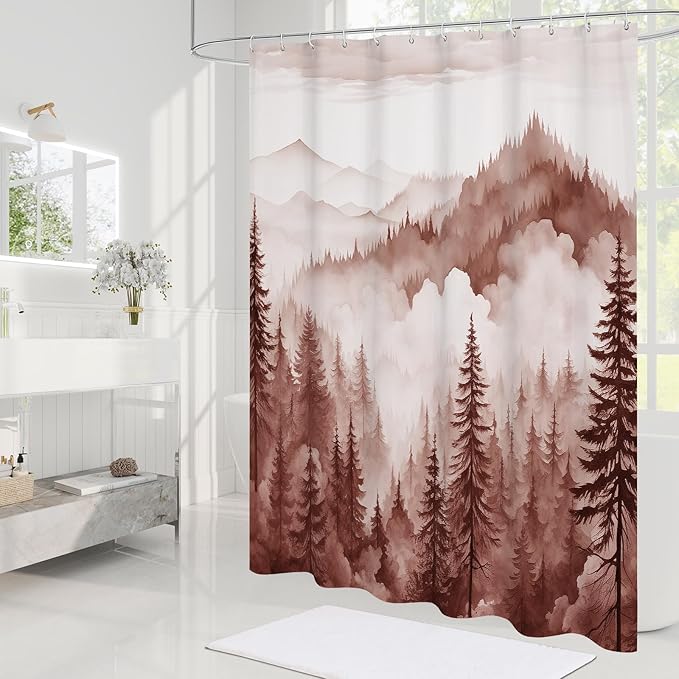 Burgundy Small Stall Misty Pine Forest Shower Curtain 36 x 72, Mountain Foggy Woodland Scenery Tree Narrow Half Size Shower Curtains for Bathroom, Abstract Waterproof Nature-Themed Decor