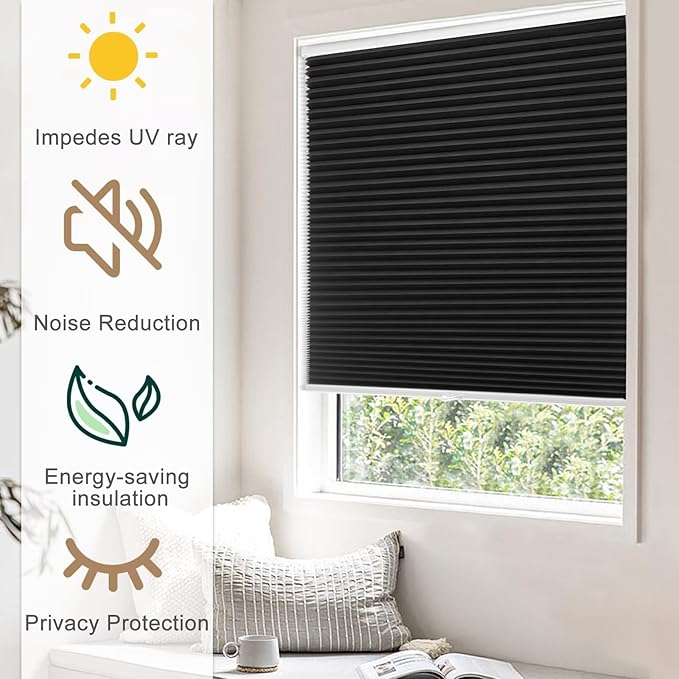 MYshade 1.5-Inch Cellular Cordless Blackout Shades,Thermal Insulating Noise Reducing Waterproof Blinds,Honeycomb Window Treatments for Indoor Light Control (Black-37 W x 72" H)